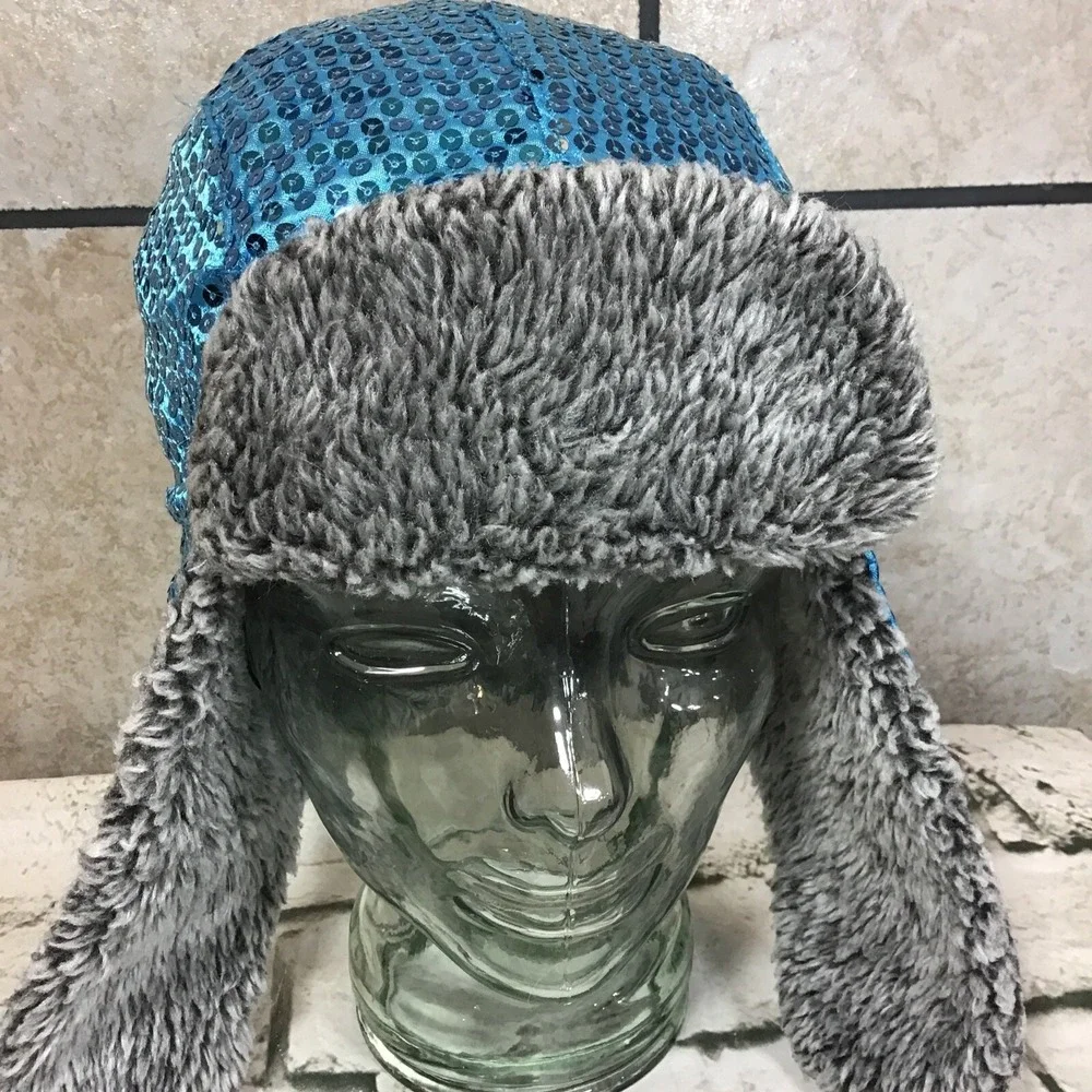 Blue Sequined Trapper‎ Cap Girls OSFM Youth 6-16Yrs Hat Warm Winter